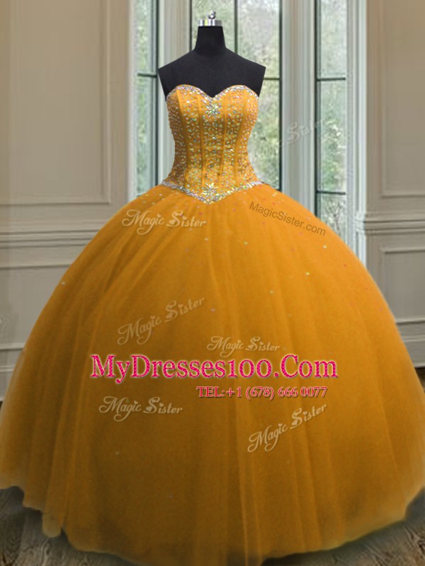 Beading and Sequins Sweet 16 Dress Orange Lace Up Sleeveless Floor Length