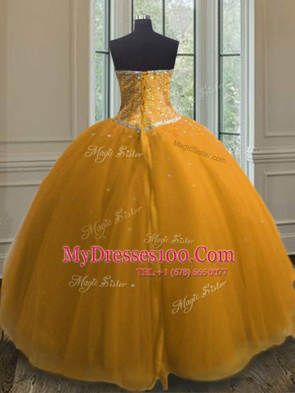 Beading and Sequins Sweet 16 Dress Orange Lace Up Sleeveless Floor Length