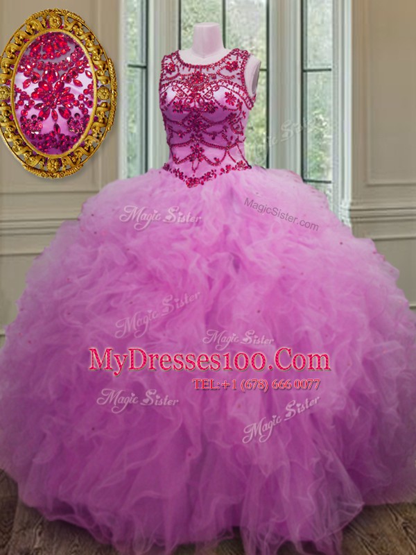 Fashionable Scoop Beading and Ruffles Sweet 16 Dress Lilac Lace Up Sleeveless Floor Length