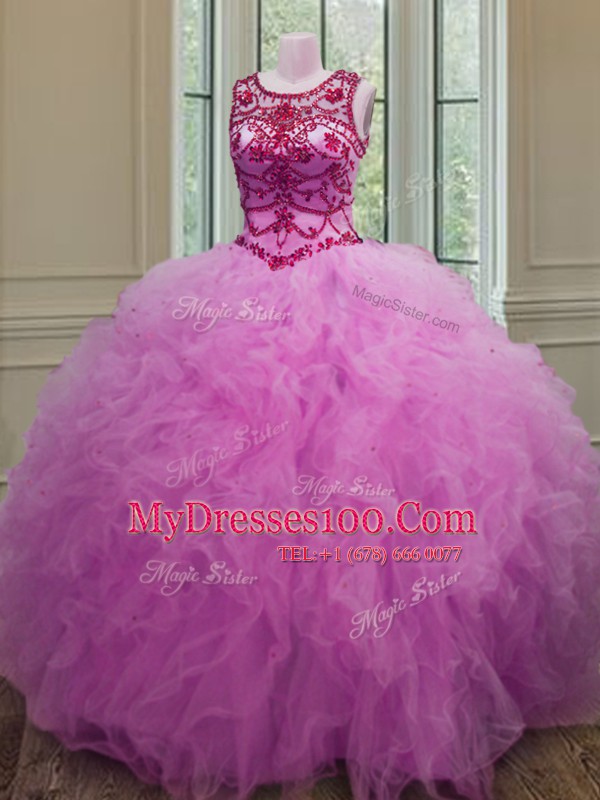 Fashionable Scoop Beading and Ruffles Sweet 16 Dress Lilac Lace Up Sleeveless Floor Length