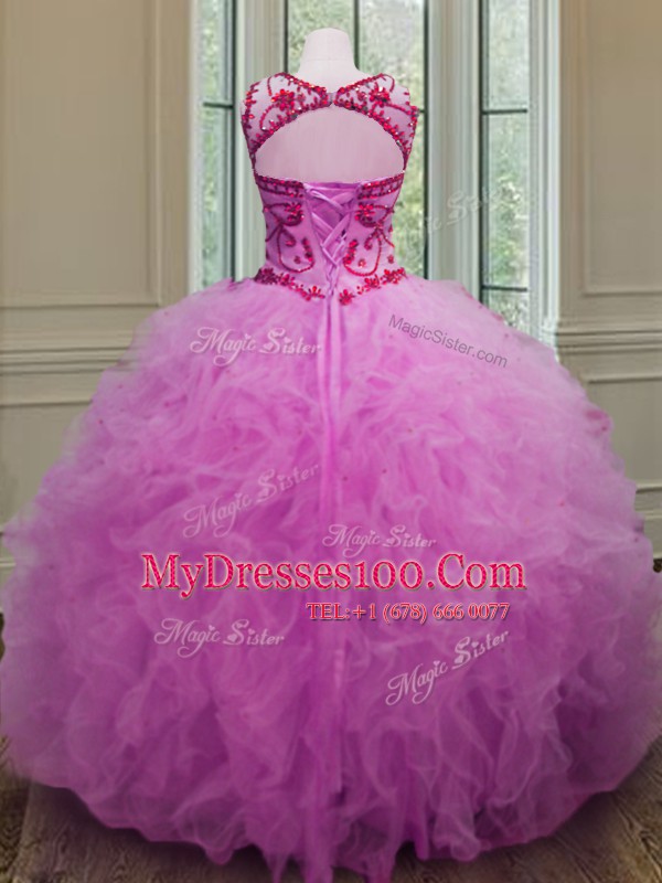 Fashionable Scoop Beading and Ruffles Sweet 16 Dress Lilac Lace Up Sleeveless Floor Length