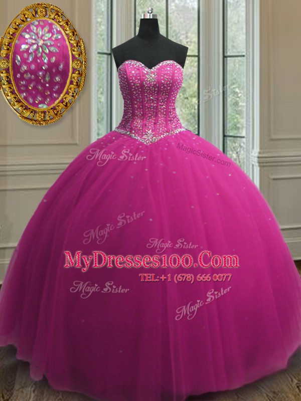 Sweetheart Sleeveless Quinceanera Dresses Floor Length Beading and Sequins Fuchsia Tulle