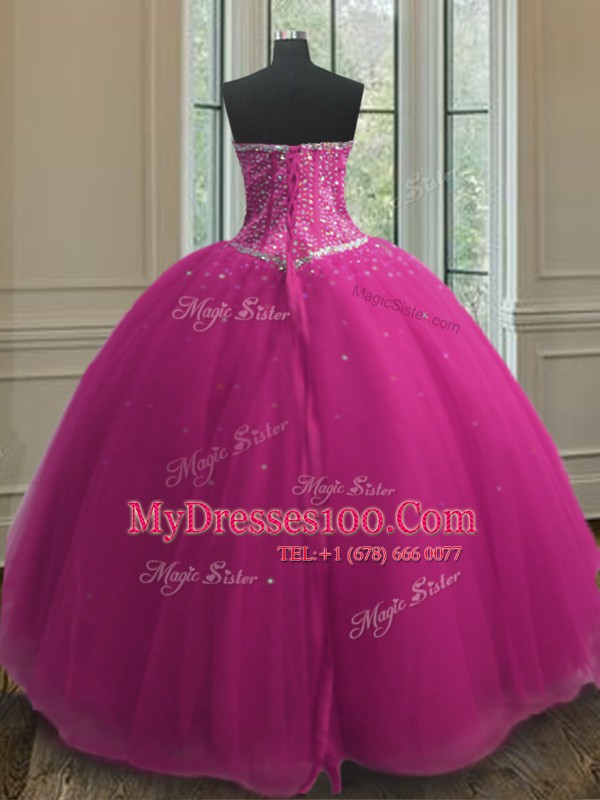 Sweetheart Sleeveless Quinceanera Dresses Floor Length Beading and Sequins Fuchsia Tulle