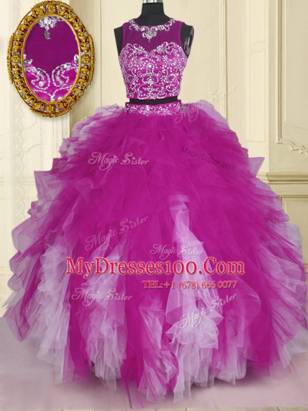 Scoop Floor Length Fuchsia Quinceanera Dresses Tulle Sleeveless Beading and Ruffles