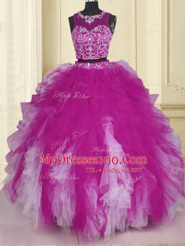 Scoop Floor Length Fuchsia Quinceanera Dresses Tulle Sleeveless Beading and Ruffles