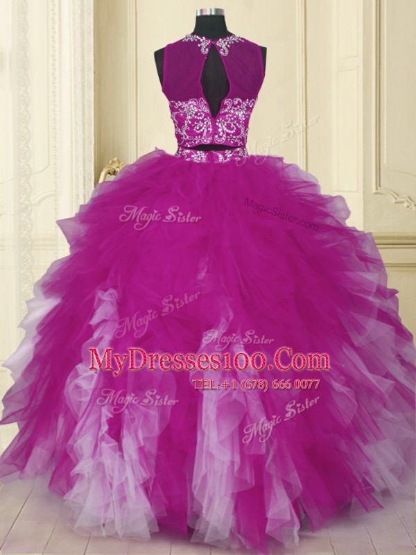 Scoop Floor Length Fuchsia Quinceanera Dresses Tulle Sleeveless Beading and Ruffles