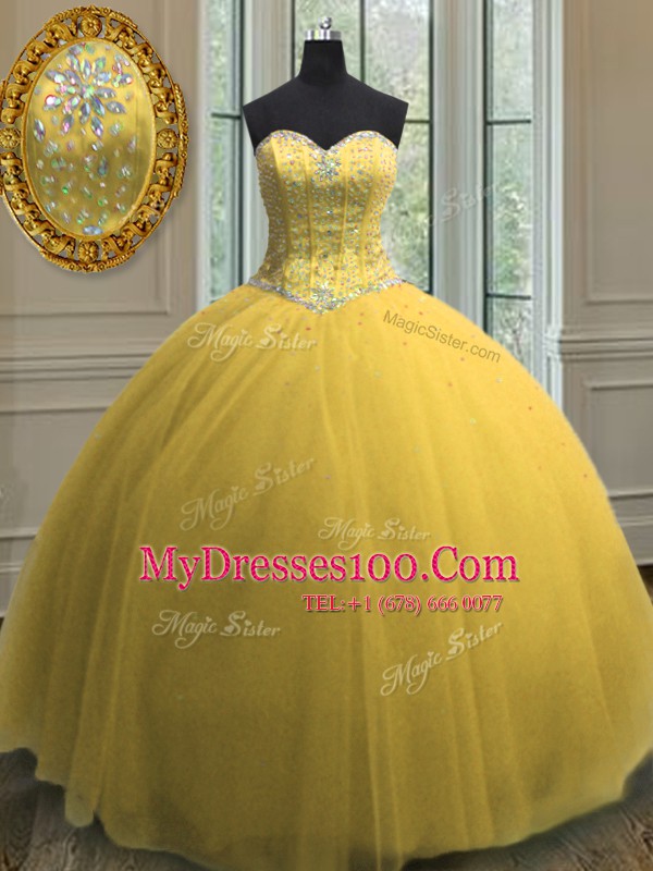 Edgy Gold Tulle Lace Up 15th Birthday Dress Sleeveless Floor Length Beading and Sequins