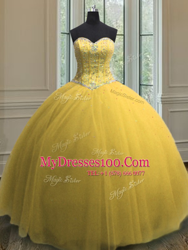 Edgy Gold Tulle Lace Up 15th Birthday Dress Sleeveless Floor Length Beading and Sequins