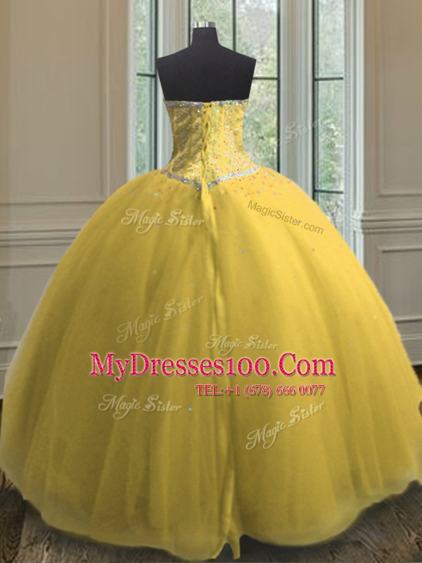 Edgy Gold Tulle Lace Up 15th Birthday Dress Sleeveless Floor Length Beading and Sequins