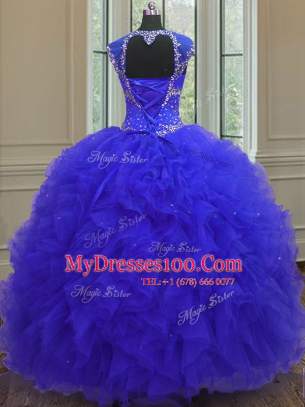 Lovely Straps Cap Sleeves Organza High Low Lace Up Quinceanera Gown in Blue with Beading and Ruffles and Sequins