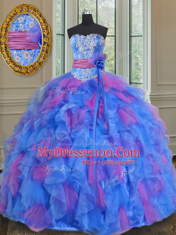 Hot Selling Multi-color Sleeveless Beading and Appliques and Ruffles and Sashes ribbons and Hand Made Flower Floor Length Quinceanera Dress