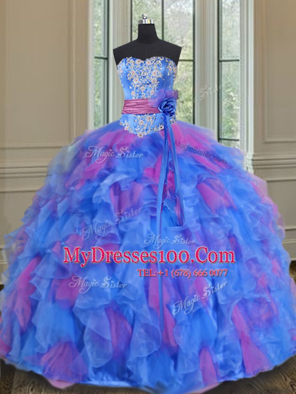 Hot Selling Multi-color Sleeveless Beading and Appliques and Ruffles and Sashes ribbons and Hand Made Flower Floor Length Quinceanera Dress