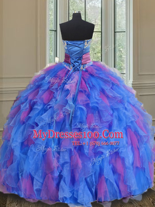 Hot Selling Multi-color Sleeveless Beading and Appliques and Ruffles and Sashes ribbons and Hand Made Flower Floor Length Quinceanera Dress