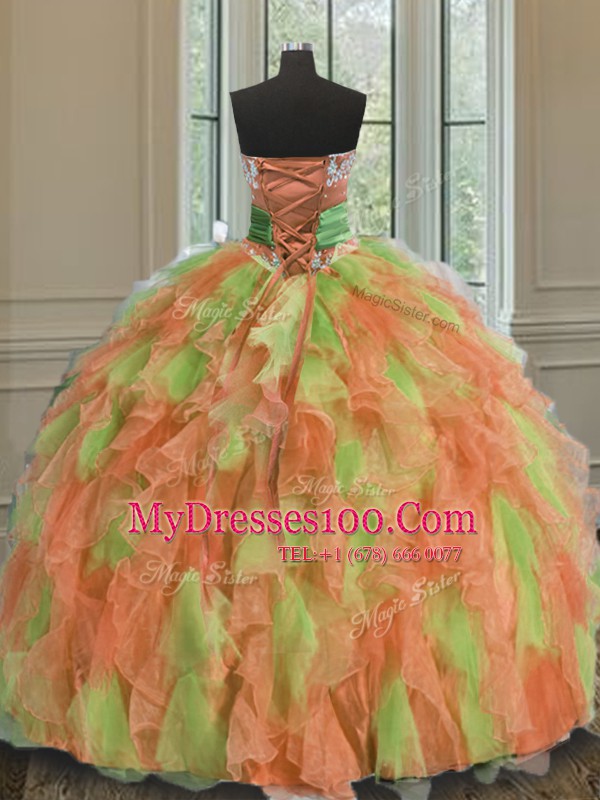 Modern Multi-color Sweetheart Lace Up Beading and Ruffles and Sashes ribbons 15th Birthday Dress Sleeveless