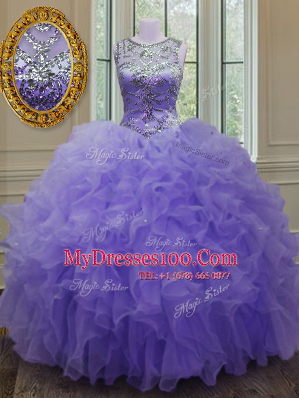 Admirable Organza Scoop Sleeveless Lace Up Beading and Ruffles Quinceanera Dresses in Lavender