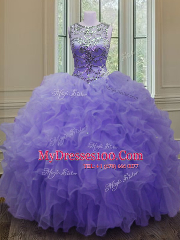 Admirable Organza Scoop Sleeveless Lace Up Beading and Ruffles Quinceanera Dresses in Lavender