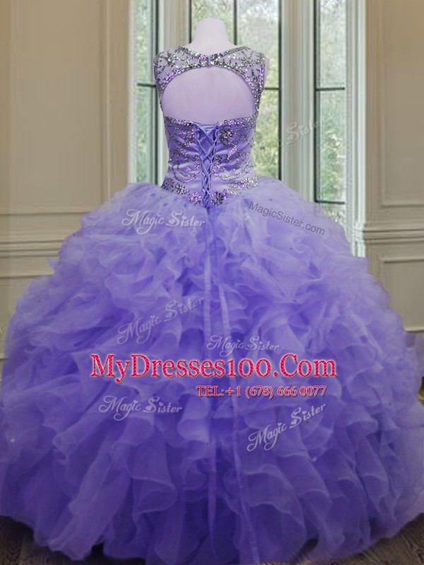 Admirable Organza Scoop Sleeveless Lace Up Beading and Ruffles Quinceanera Dresses in Lavender