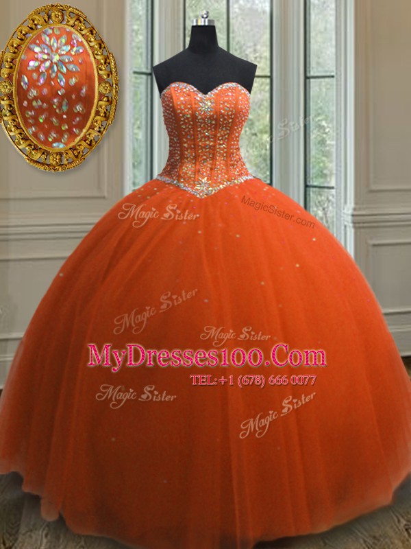 Customized Sequins Orange Red Sleeveless Tulle Lace Up 15 Quinceanera Dress for Military Ball and Sweet 16 and Quinceanera