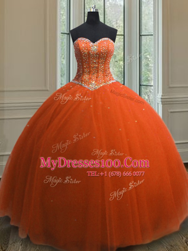 Customized Sequins Orange Red Sleeveless Tulle Lace Up 15 Quinceanera Dress for Military Ball and Sweet 16 and Quinceanera