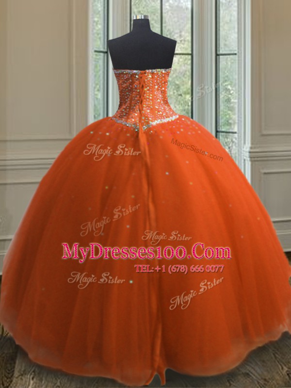 Customized Sequins Orange Red Sleeveless Tulle Lace Up 15 Quinceanera Dress for Military Ball and Sweet 16 and Quinceanera