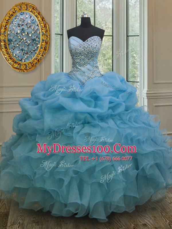 Elegant Pick Ups Baby Blue Sleeveless Organza Lace Up Quince Ball Gowns for Military Ball and Sweet 16 and Quinceanera