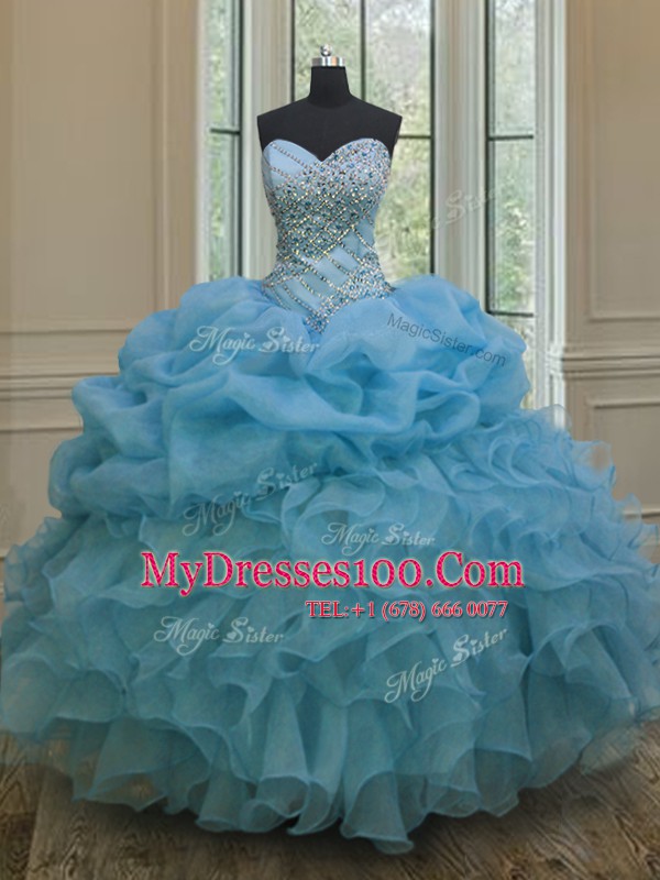Elegant Pick Ups Baby Blue Sleeveless Organza Lace Up Quince Ball Gowns for Military Ball and Sweet 16 and Quinceanera
