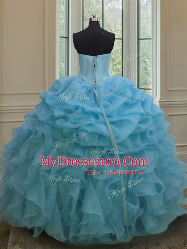 Elegant Pick Ups Baby Blue Sleeveless Organza Lace Up Quince Ball Gowns for Military Ball and Sweet 16 and Quinceanera