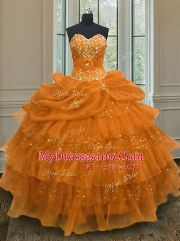Sleeveless Beading and Ruffled Layers and Pick Ups Lace Up Quince Ball Gowns