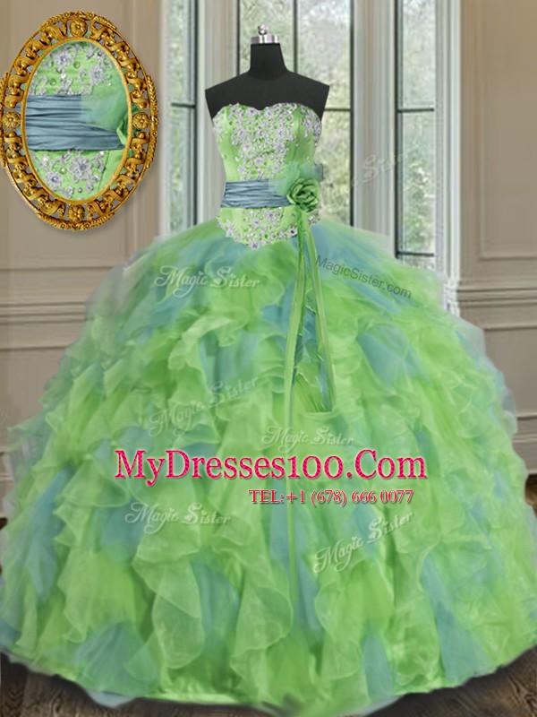 Free and Easy Sleeveless Organza Floor Length Lace Up Quince Ball Gowns in Multi-color with Beading and Appliques and Ruffles and Sashes ribbons and Hand Made Flower