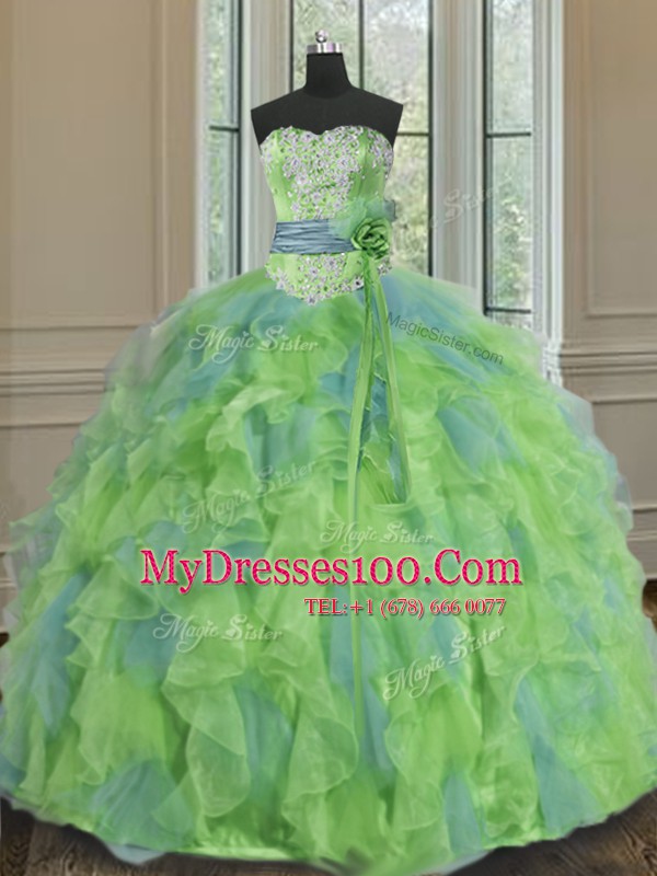 Free and Easy Sleeveless Organza Floor Length Lace Up Quince Ball Gowns in Multi-color with Beading and Appliques and Ruffles and Sashes ribbons and Hand Made Flower