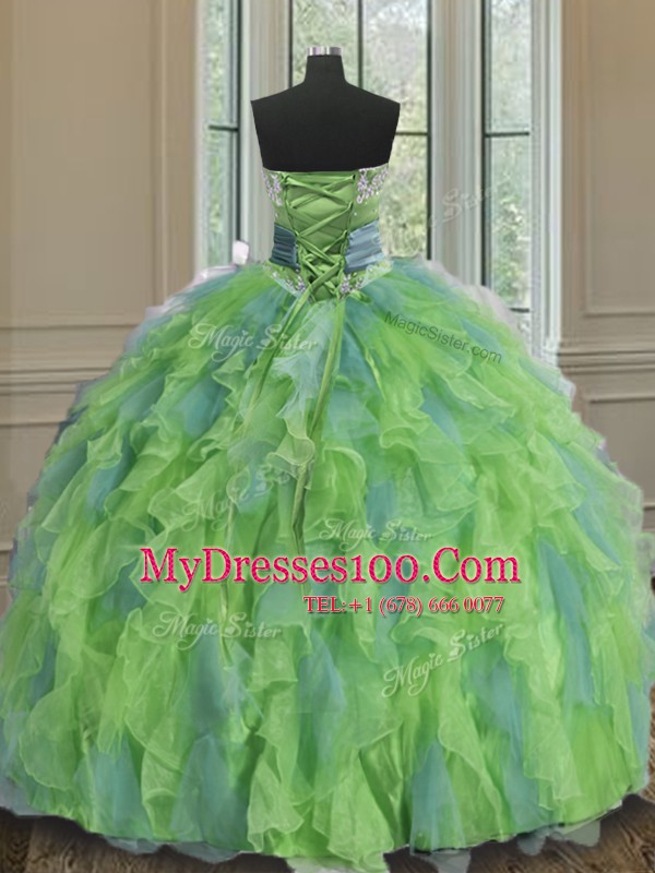 Free and Easy Sleeveless Organza Floor Length Lace Up Quince Ball Gowns in Multi-color with Beading and Appliques and Ruffles and Sashes ribbons and Hand Made Flower