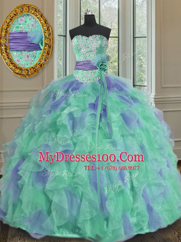 Sleeveless Lace Up Floor Length Beading and Appliques and Ruffles and Sashes ribbons and Hand Made Flower Quinceanera Gown