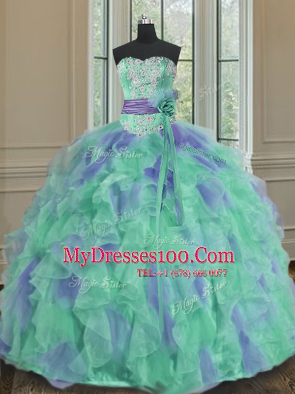 Sleeveless Lace Up Floor Length Beading and Appliques and Ruffles and Sashes ribbons and Hand Made Flower Quinceanera Gown