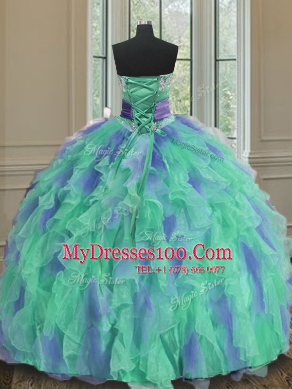 Sleeveless Lace Up Floor Length Beading and Appliques and Ruffles and Sashes ribbons and Hand Made Flower Quinceanera Gown