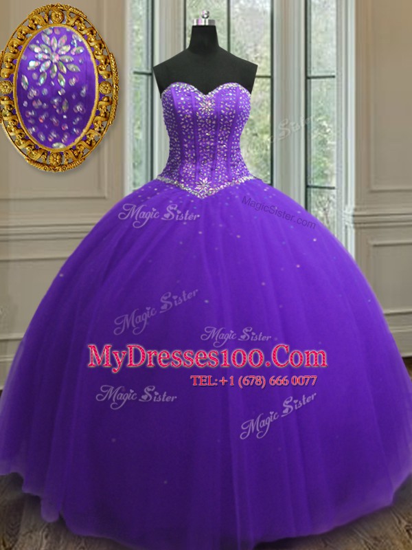 Sweetheart Sleeveless Sweet 16 Dress Floor Length Beading and Sequins Purple Tulle