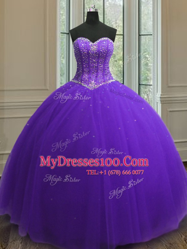 Sweetheart Sleeveless Sweet 16 Dress Floor Length Beading and Sequins Purple Tulle
