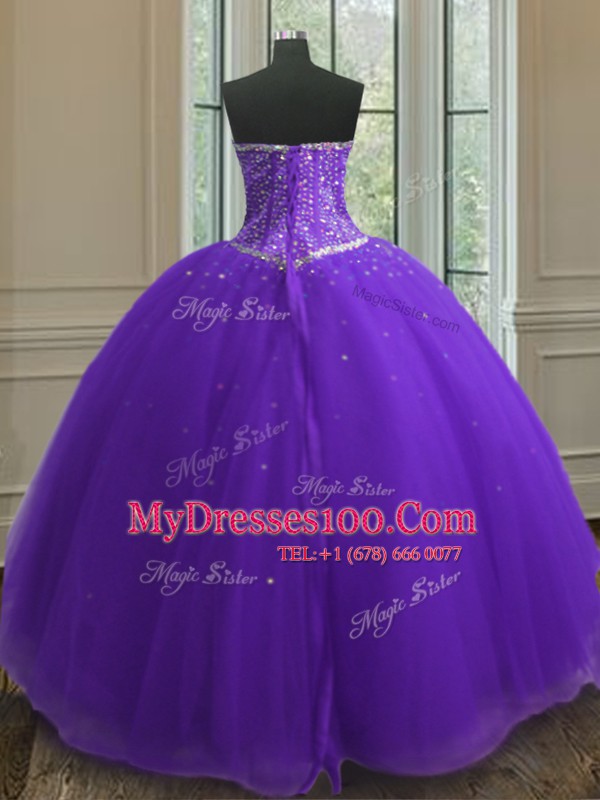 Sweetheart Sleeveless Sweet 16 Dress Floor Length Beading and Sequins Purple Tulle