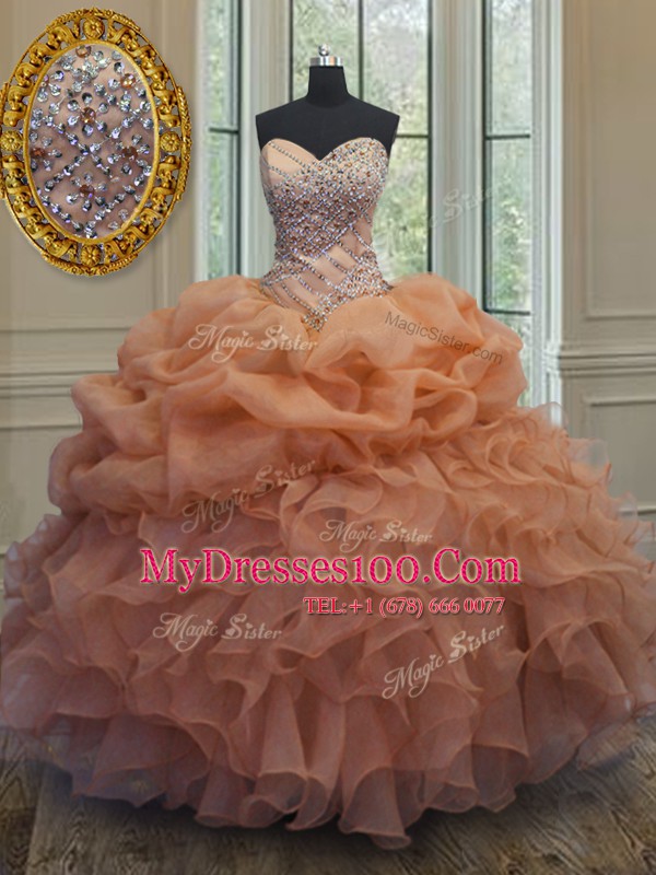Sleeveless Floor Length Beading and Ruffles and Pick Ups Lace Up 15 Quinceanera Dress with Orange