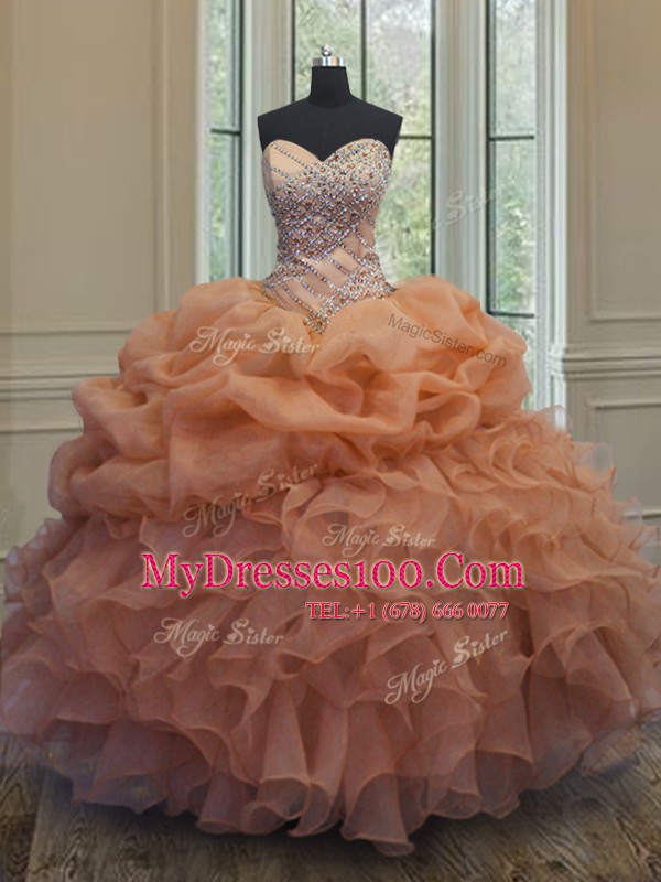 Sleeveless Floor Length Beading and Ruffles and Pick Ups Lace Up 15 Quinceanera Dress with Orange