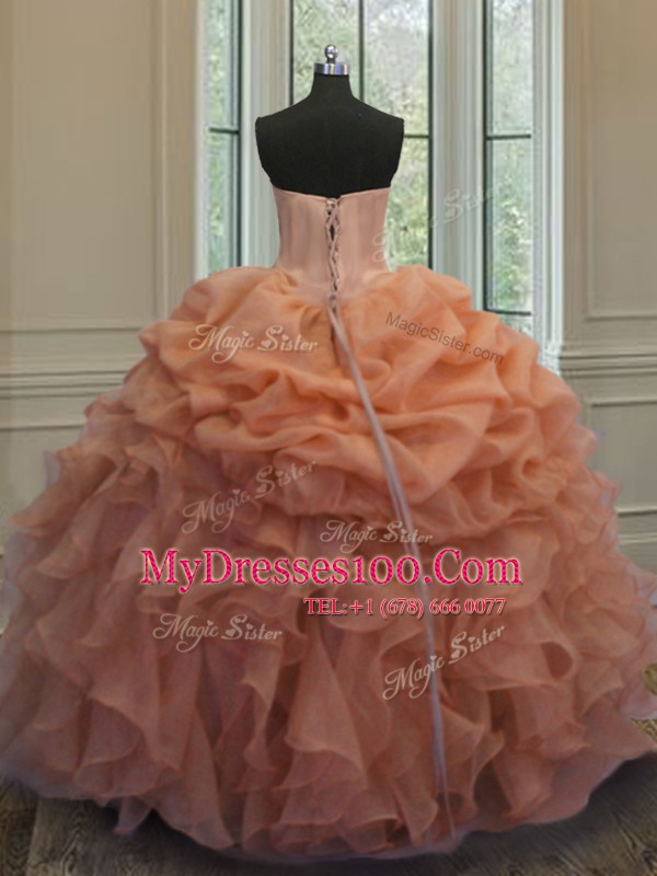 Sleeveless Floor Length Beading and Ruffles and Pick Ups Lace Up 15 Quinceanera Dress with Orange