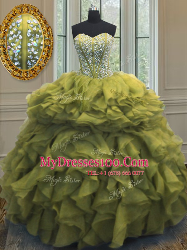 Pretty Sweetheart Sleeveless Quinceanera Gowns Floor Length Beading and Ruffles Olive Green Organza