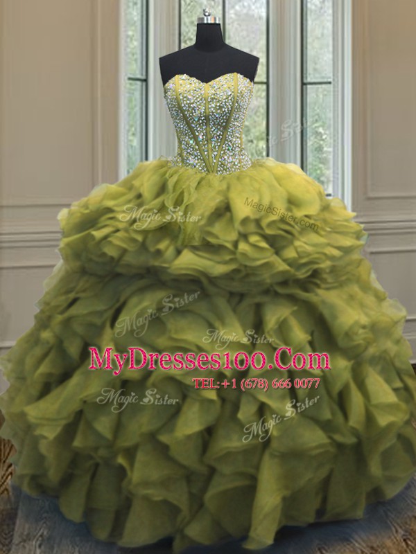 Pretty Sweetheart Sleeveless Quinceanera Gowns Floor Length Beading and Ruffles Olive Green Organza