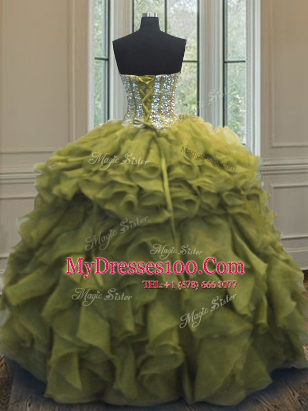 Pretty Sweetheart Sleeveless Quinceanera Gowns Floor Length Beading and Ruffles Olive Green Organza
