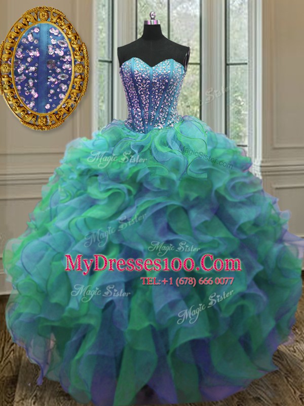 Inexpensive Multi-color Ball Gowns Sweetheart Sleeveless Organza Floor Length Lace Up Beading and Ruffles Vestidos de Quinceanera