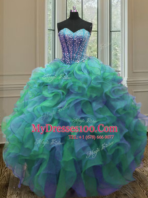 Inexpensive Multi-color Ball Gowns Sweetheart Sleeveless Organza Floor Length Lace Up Beading and Ruffles Vestidos de Quinceanera