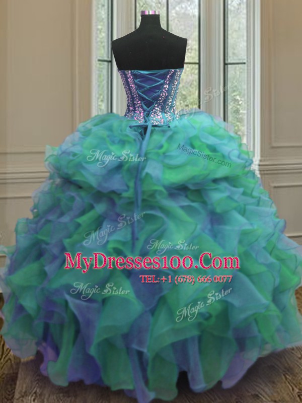 Inexpensive Multi-color Ball Gowns Sweetheart Sleeveless Organza Floor Length Lace Up Beading and Ruffles Vestidos de Quinceanera