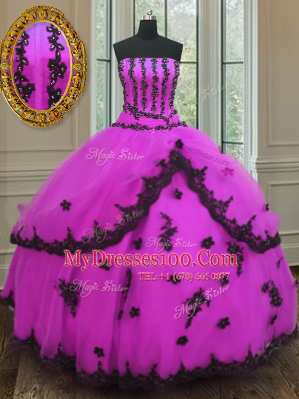 Perfect Fuchsia Sleeveless Appliques Floor Length Quinceanera Gowns