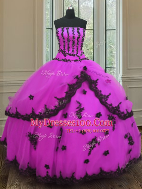 Perfect Fuchsia Sleeveless Appliques Floor Length Quinceanera Gowns