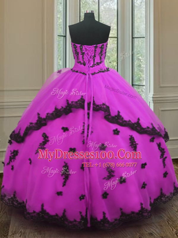 Perfect Fuchsia Sleeveless Appliques Floor Length Quinceanera Gowns