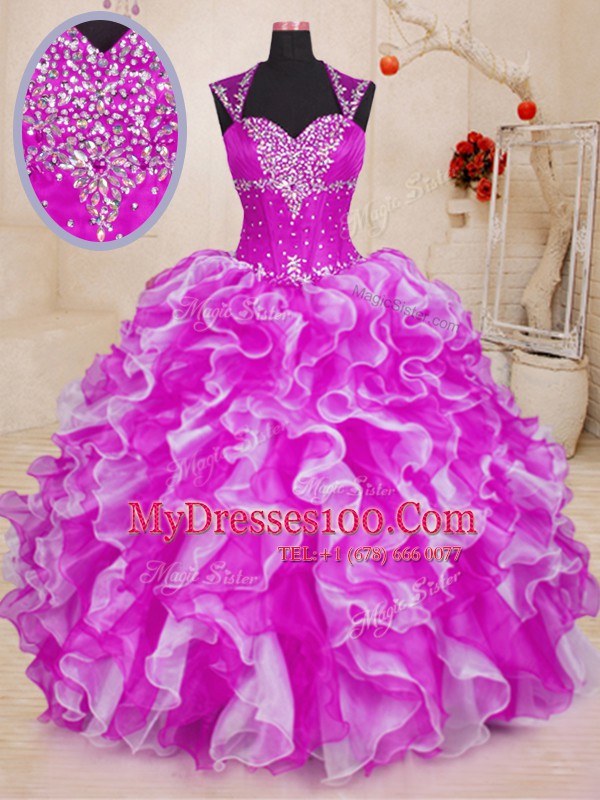 Fuchsia Organza Lace Up Sweetheart Sleeveless Floor Length Quince Ball Gowns Beading and Ruffles